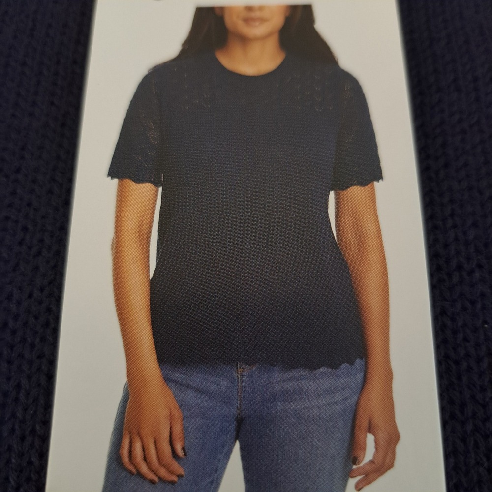 Jessica Simpson Womens Tee M Navy NWT Pointelle Scallop 1680-210